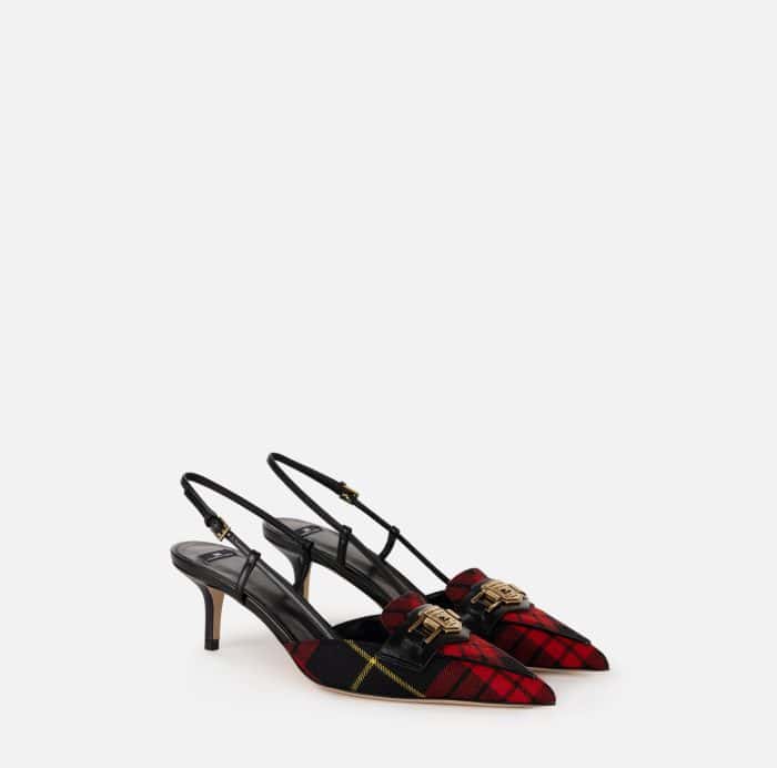 Slingback in pelle e tartan di lana